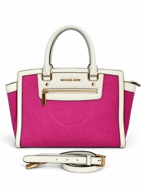Michael Kors Pink White Saffiano Leather Large Tote Satchel Bag Gold Hardware